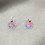 Sterling Silver Stud Earring, Cupcake Design, Pink Enamel Finish, Silver Finish