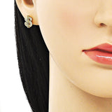 Oro Laminado Stud Earring, Gold Filled Style Money Sign Design, with White Micro Pave, Polished, Golden Finish