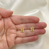 Oro Laminado Stud Earring, Gold Filled Style Money Sign Design, with White Micro Pave, Polished, Golden Finish