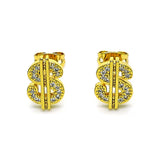 Oro Laminado Stud Earring, Gold Filled Style Money Sign Design, with White Micro Pave, Polished, Golden Finish