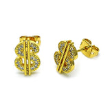 Oro Laminado Stud Earring, Gold Filled Style Money Sign Design, with White Micro Pave, Polished, Golden Finish