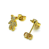Oro Laminado Stud Earring, Gold Filled Style Teddy Bear Design, with White Micro Pave, Polished, Golden Finish