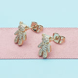 Oro Laminado Stud Earring, Gold Filled Style Teddy Bear Design, with White Micro Pave, Polished, Golden Finish