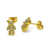 Oro Laminado Stud Earring, Gold Filled Style Teddy Bear Design, with White Micro Pave, Polished, Golden Finish