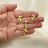 Oro Laminado Earring and Pendant Adult Set, Gold Filled Style Teddy Bear Design, with White and Black Micro Pave, Polished, Golden Finish