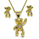 Oro Laminado Earring and Pendant Adult Set, Gold Filled Style Teddy Bear Design, with White and Black Micro Pave, Polished, Golden Finish