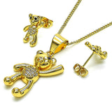 Oro Laminado Earring and Pendant Adult Set, Gold Filled Style Teddy Bear Design, with White and Black Micro Pave, Polished, Golden Finish