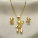 Oro Laminado Earring and Pendant Adult Set, Gold Filled Style Teddy Bear Design, with White and Black Micro Pave, Polished, Golden Finish