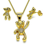 Oro Laminado Earring and Pendant Adult Set, Gold Filled Style Teddy Bear Design, with White and Black Micro Pave, Polished, Golden Finish