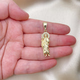 Oro Laminado Religious Pendant, Gold Filled Style San Judas Design, with White Micro Pave, Polished, Golden Finish
