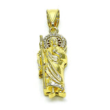 Oro Laminado Religious Pendant, Gold Filled Style San Judas Design, with White Micro Pave, Polished, Golden Finish