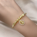 Oro Laminado Individual Bangle, Gold Filled Style Guadalupe Design, with White Micro Pave, Diamond Cutting Finish, Golden Finish