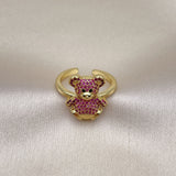 Oro Laminado Multi Stone Ring, Gold Filled Style Teddy Bear Design, with Ruby and Black Micro Pave, Polished, Golden Finish