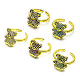 Oro Laminado Multi Stone Ring, Gold Filled Style Teddy Bear Design, with Ruby and Black Micro Pave, Polished, Golden Finish