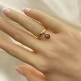 Oro Laminado Elegant Ring, Gold Filled Style Evil Eye Design, with Garnet Crystal, Polished, Golden Finish
