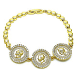 Oro Laminado Fancy Bracelet, Gold Filled Style with White Micro Pave, Polished, Golden Finish