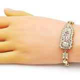 Oro Laminado Solid Bracelet, Gold Filled Style Guadalupe and Flower Design, with White Cubic Zirconia, Polished, Tricolor