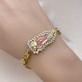 Oro Laminado Solid Bracelet, Gold Filled Style Guadalupe and Flower Design, with White Cubic Zirconia, Polished, Tricolor