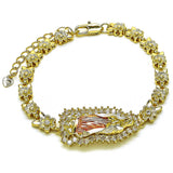 Oro Laminado Solid Bracelet, Gold Filled Style Guadalupe and Flower Design, with White Cubic Zirconia, Polished, Tricolor