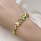 Oro Laminado Solid Bracelet, Gold Filled Style Guadalupe and Flower Design, with Multicolor Cubic Zirconia, Polished, Golden Finish