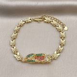 Oro Laminado Solid Bracelet, Gold Filled Style Guadalupe and Flower Design, with Multicolor Cubic Zirconia, Polished, Golden Finish