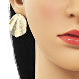 Oro Laminado Stud Earring, Gold Filled Style Leaf Design, Brushed Finish, Golden Finish