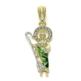 Oro Laminado Religious Pendant, Gold Filled Style San Judas Design, with White Crystal, Diamond Cutting Finish, Tricolor