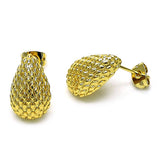 Oro Laminado Stud Earring, Gold Filled Style Teardrop Design, Diamond Cutting Finish, Golden Finish