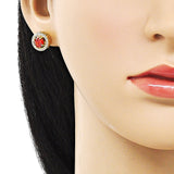 Oro Laminado Stud Earring, Gold Filled Style Cluster and Greek Key Design, with Garnet Cubic Zirconia and White Micro Pave, Polished, Golden Finish