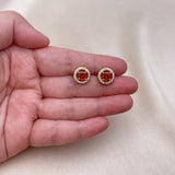 Oro Laminado Stud Earring, Gold Filled Style Cluster and Greek Key Design, with Garnet Cubic Zirconia and White Micro Pave, Polished, Golden Finish