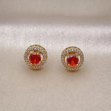 Oro Laminado Stud Earring, Gold Filled Style Cluster and Greek Key Design, with Garnet Cubic Zirconia and White Micro Pave, Polished, Golden Finish