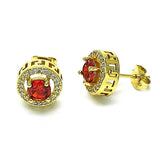 Oro Laminado Stud Earring, Gold Filled Style Cluster and Greek Key Design, with Garnet Cubic Zirconia and White Micro Pave, Polished, Golden Finish