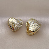 Oro Laminado Huggie Hoop, Gold Filled Style Heart Design, with White Micro Pave, Polished, Golden Finish