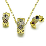 Oro Laminado Earring and Pendant Adult Set, Gold Filled Style with Multicolor Micro Pave, Polished, Golden Finish