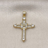 Oro Laminado Religious Pendant, Gold Filled Style Cross and Baguette Design, with White Cubic Zirconia, Polished, Golden Finish