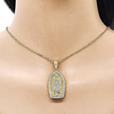 Oro Laminado Religious Pendant, Gold Filled Style Guadalupe Design, with White Cubic Zirconia, Polished, Golden Finish