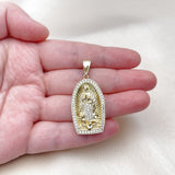 Oro Laminado Religious Pendant, Gold Filled Style Guadalupe Design, with White Cubic Zirconia, Polished, Golden Finish