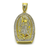 Oro Laminado Religious Pendant, Gold Filled Style Guadalupe Design, with White Cubic Zirconia, Polished, Golden Finish
