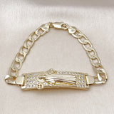 Oro Laminado ID Bracelet, Gold Filled Style San Benito Design, with White Cubic Zirconia, Polished, Golden Finish