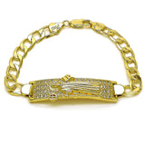 Oro Laminado ID Bracelet, Gold Filled Style San Benito Design, with White Cubic Zirconia, Polished, Golden Finish