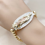 Oro Laminado Fancy Bracelet, Gold Filled Style Guadalupe Design, Diamond Cutting Finish, Tricolor