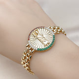 Oro Laminado Fancy Bracelet, Gold Filled Style San Judas and Bismark Design, with Multicolor Micro Pave, Polished, Golden Finish