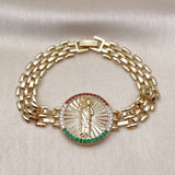 Oro Laminado Fancy Bracelet, Gold Filled Style San Judas and Bismark Design, with Multicolor Micro Pave, Polished, Golden Finish