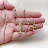 Oro Laminado Thin Rosary, Gold Filled Style Santa Muerte and Crucifix Design, Polished, Golden Finish