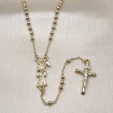 Oro Laminado Thin Rosary, Gold Filled Style Santa Muerte and Crucifix Design, Polished, Golden Finish