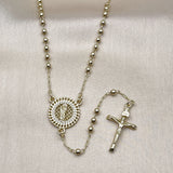 Oro Laminado Thin Rosary, Gold Filled Style San Judas and Crucifix Design, with White Micro Pave, Polished, Golden Finish