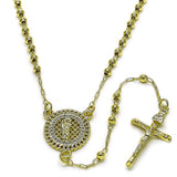 Oro Laminado Thin Rosary, Gold Filled Style San Judas and Crucifix Design, with White Micro Pave, Polished, Golden Finish