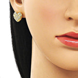 Oro Laminado Stud Earring, Gold Filled Style Heart Design, with White Micro Pave, Diamond Cutting Finish, Golden Finish